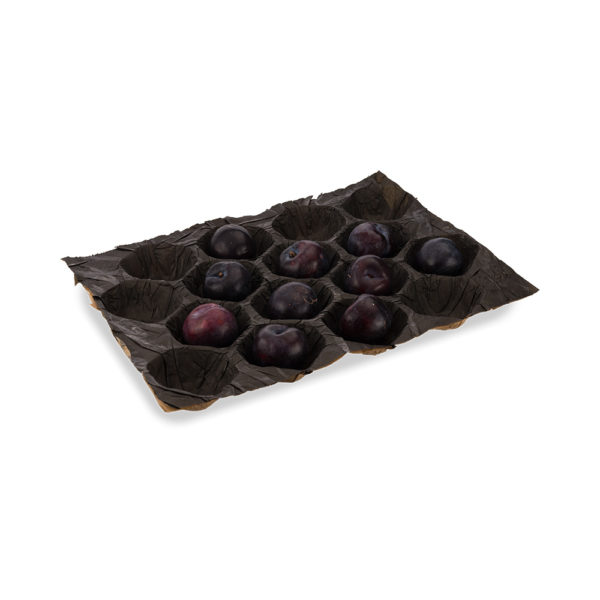 Brown and Black cavity tray paper liner for round fruit with plums