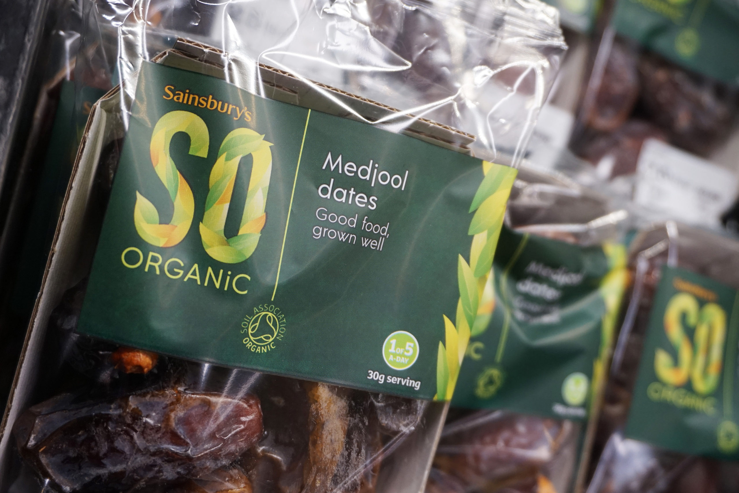 Sainsbury's So Organic Medjool Dates, Fruit Packaging, Supermarket